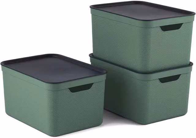 Rotho 3-Set Solid Green Plastic Storage Boxes, 50 cm