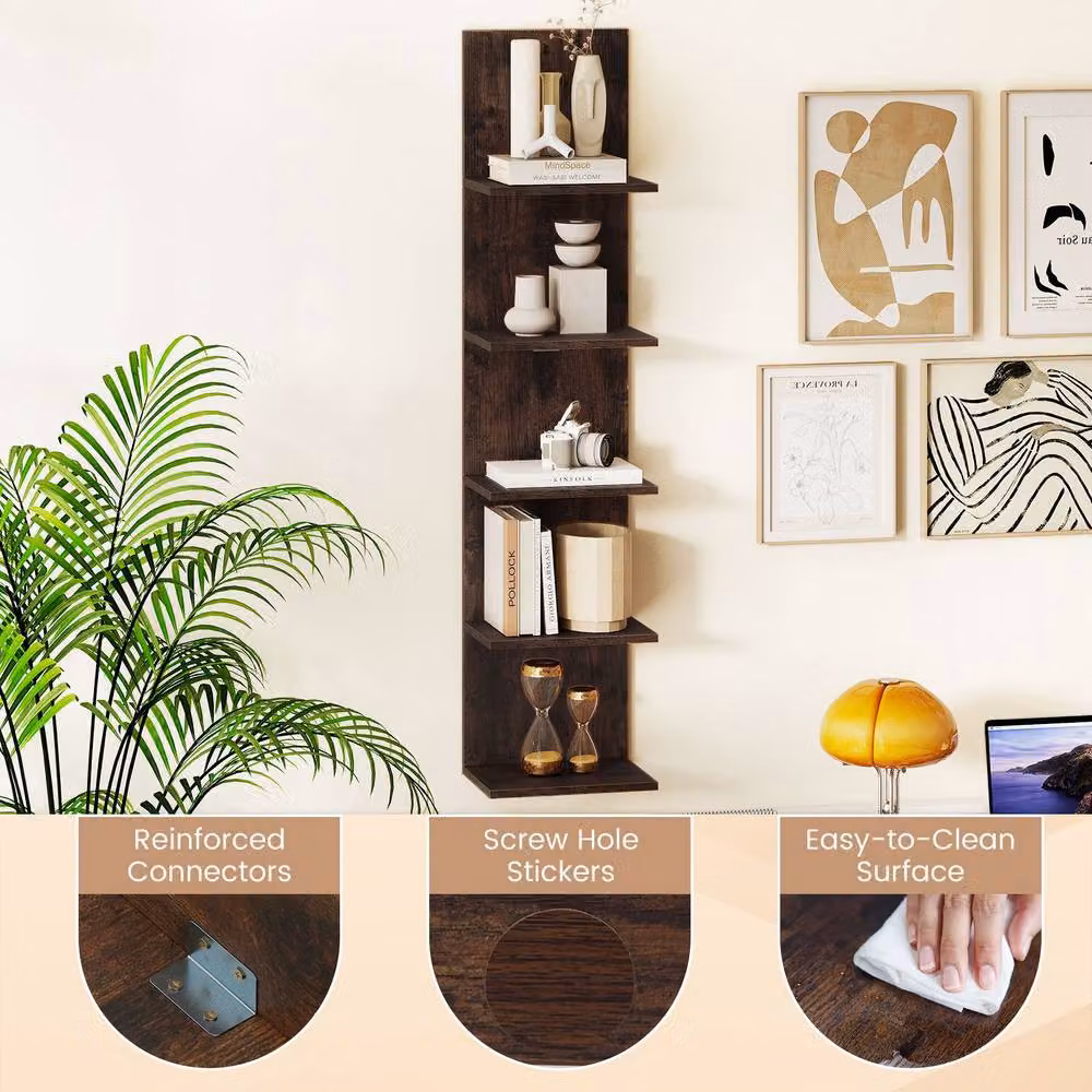 Costway 5-Tier Industrial Wall-Mounted Wooden Shelving Unit in Brown – 4