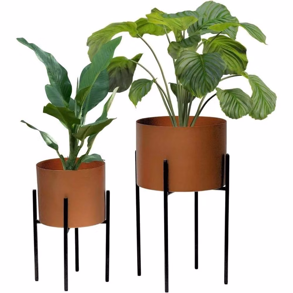 FLAVORA Set of 2 Round Metal Tabletop Planters with Reversible Black and Bronze Stands – 2