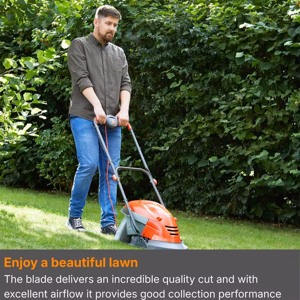 Flymo Hover Vac 250 Electric Hover Collect Lawn Mower in Orange and Grey with 25cm Cutting Width and 15L Collection Bag – 8