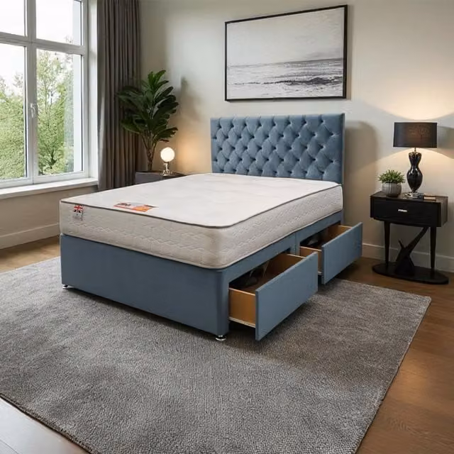 Knight Sleep Athens Plush Bed Set with Mattress and Headboard in Blue, W/D/H: 120 x 200 cm