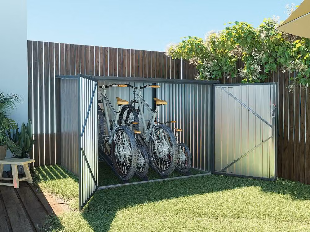Vente-unique 4-Bike Metal Bike Shed in Brown Walnut Wood Effect, Galvanised Steel Pent Roof Design with Double Doors – 2