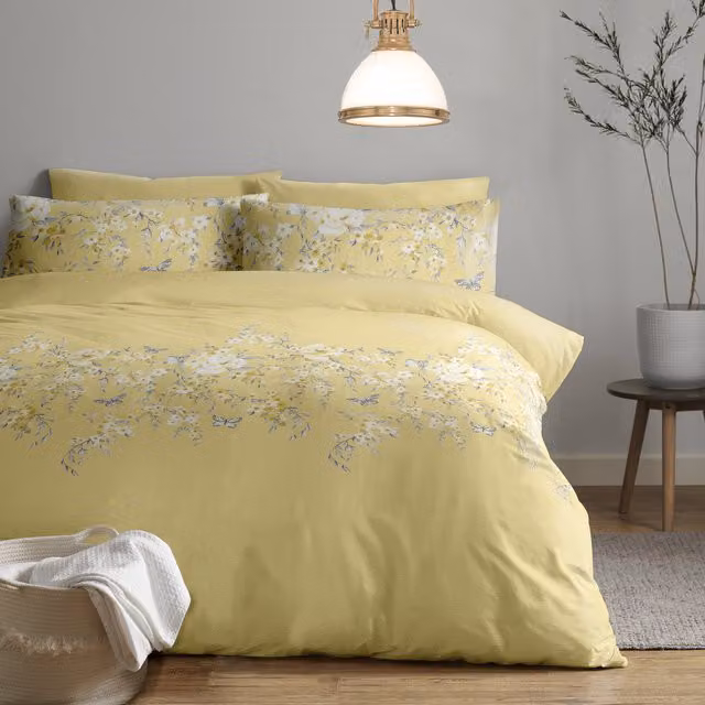 Harwood Textiles Limited Blossom Border Floral Duvet Set, Yellow, W/D/H: 200 x 220 cm with 140 x 200 cm Pillowcase