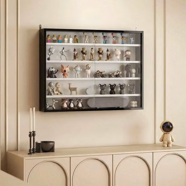 HOMCOM Classic Wall Mounted 5-Tier Display Shelf Cabinet with Glass Sliding Doors, Black and White