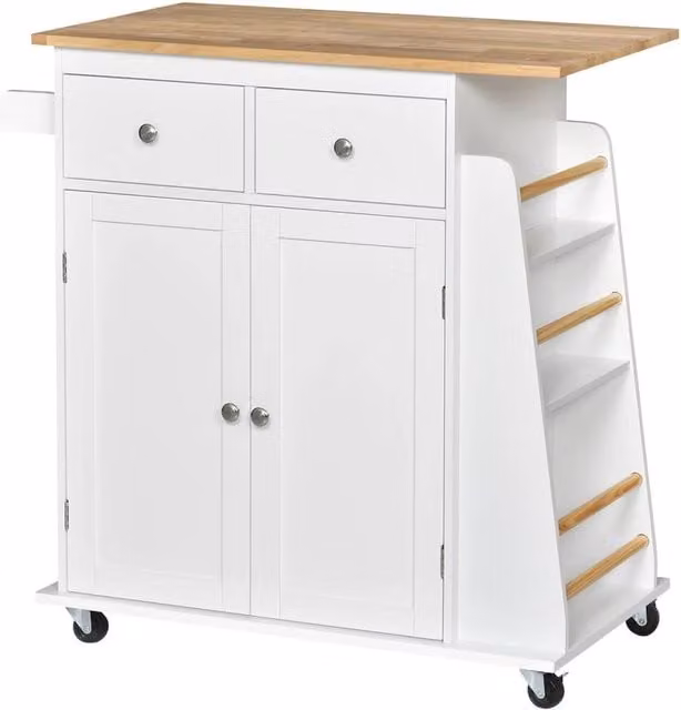 Nordara 3-Tier Rolling Storage Trolley with Wood Top and Spice Rack in White