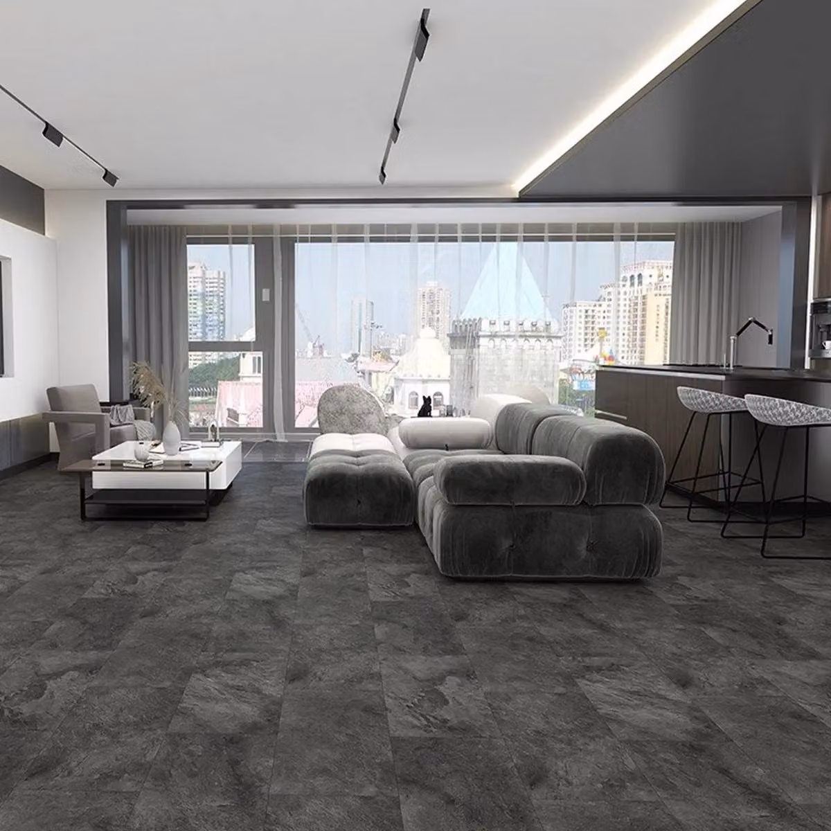 Alva Tile Stone Effect Glue Down Luxury Vinyl Tile 2.5mm in Anthracite Grey Marbled Stone Look – 2