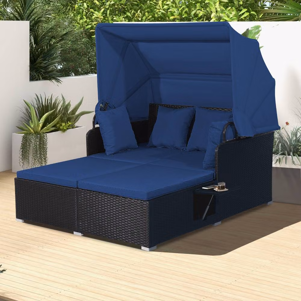 Costway Blue PE Rattan Wicker Daybed with Retractable Canopy for 2 Adults – 3
