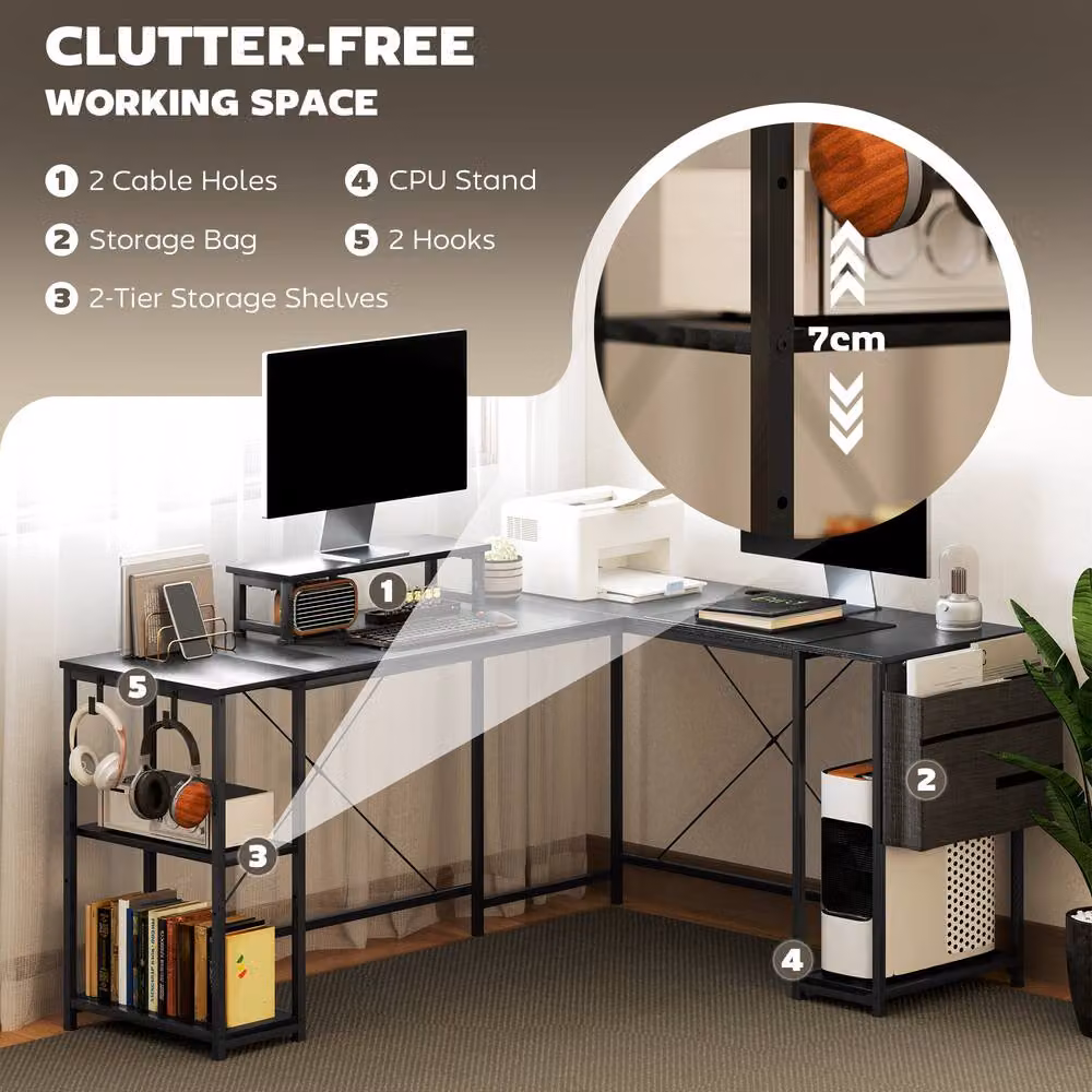 STILVORA L-Shaped Corner Desk with Storage and Monitor Stand in Black – 5