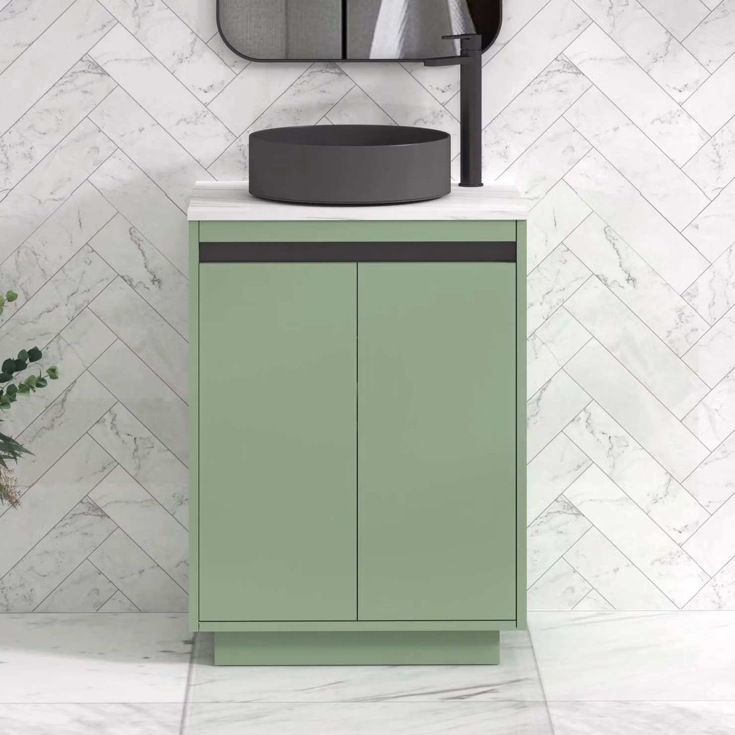 Royal Bathrooms Orion 800mm Mint Sage Floor Standing Countertop Vanity Unit with 2 Soft Close Doors, Art Round Basin and Black Accent Trim