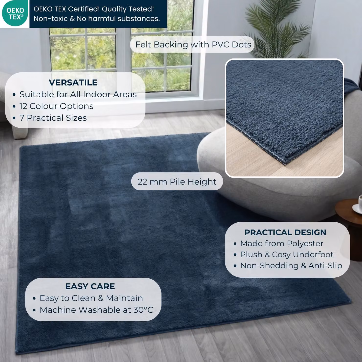 Desire Rugs Comfy Washable Low Pile Living Room Area Rug with Anti-Slip Felt Backing in Blue, W: 120 cm, L: 160 cm – 2