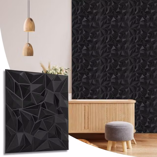 NOVECRAFTO Matt Black 3D Geometric PVC Wall Panels, W/D/H: 50 x 50 x 0.25 cm