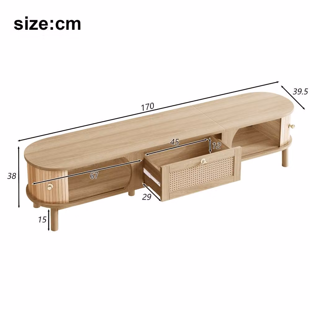 Merax Rustic TV Cabinet with Slatted Wood Doors and Rattan Drawers in Brown and Beige, W: 170 cm, D: 39.5 cm, H: 38 cm – 3