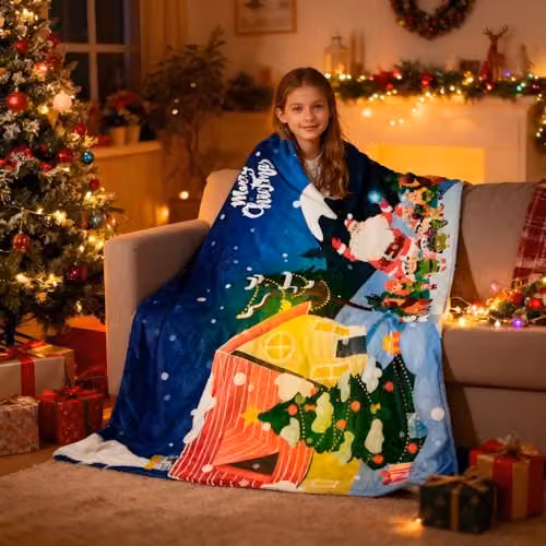 Gr8 Home Christmas Santa Fleece Blanket in Blue and Multicolour, W: 150 cm, D: 200 cm