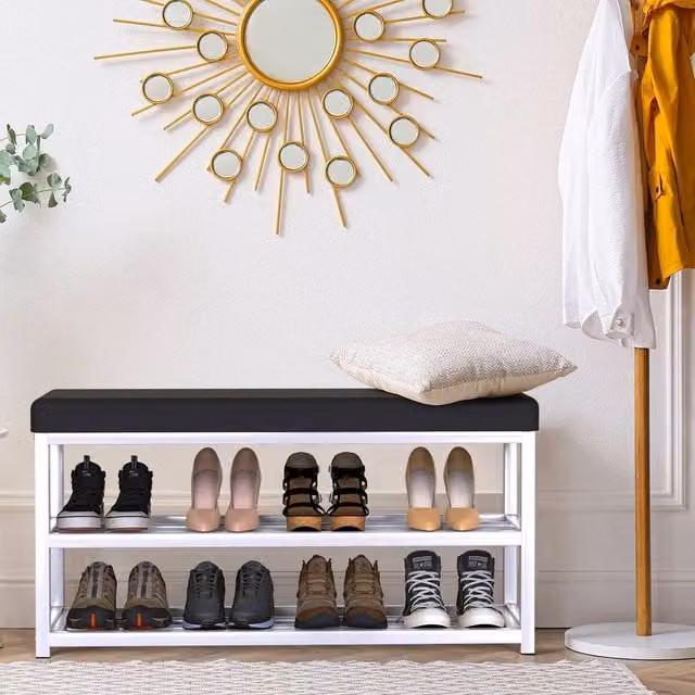 FORGEVIO Modern White Shoe Bench with Storage Rack and Padded Synthetic Leather Seat – 1