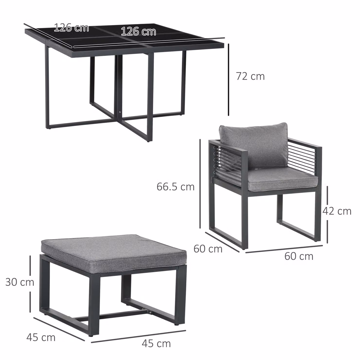 Outsunny 8 Seater Garden Dining Cube Set, Grey Powder Coated Aluminium Outdoor Furniture Set with Glass Top Table, 4 Chairs and 4 Footstools with Cushions – 3