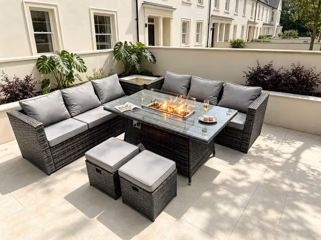 Fimous 8 Seater Rattan Garden Furniture Set with Gas Firepit, Dining Table and Footstools in Dark Grey