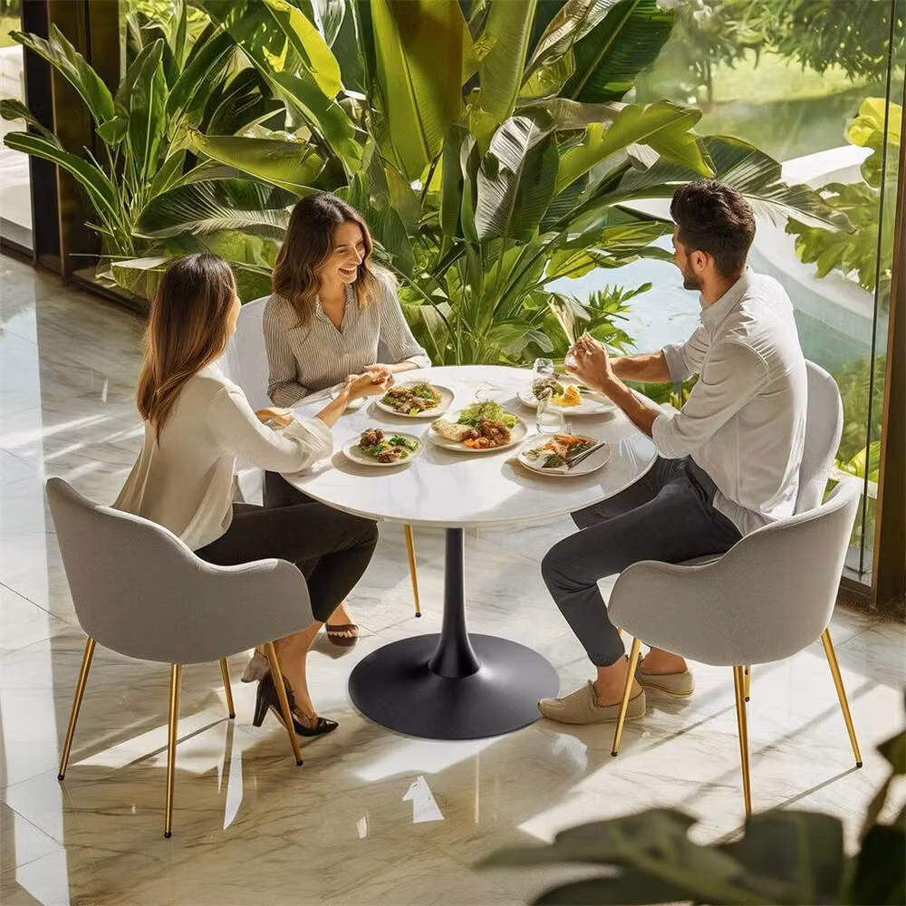 FORGEVIO Modern Round Tulip Dining Table with White Marble Effect Glass Top – 6