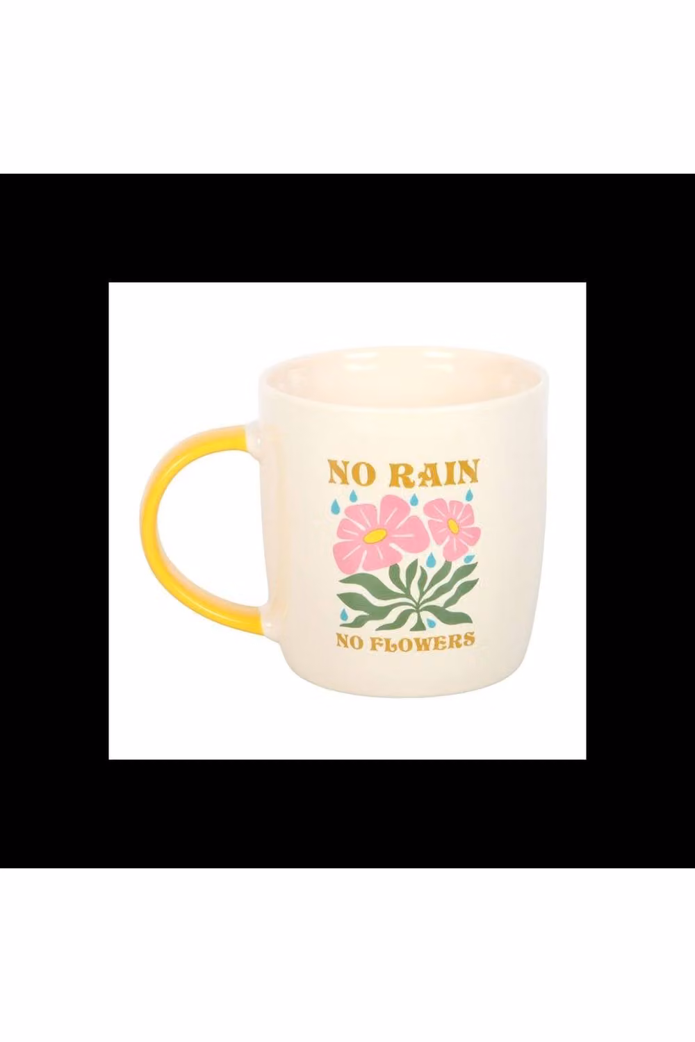 KDMD No Rain No Flowers Motivational Mug, White with Yellow Handle, 370ml – 2