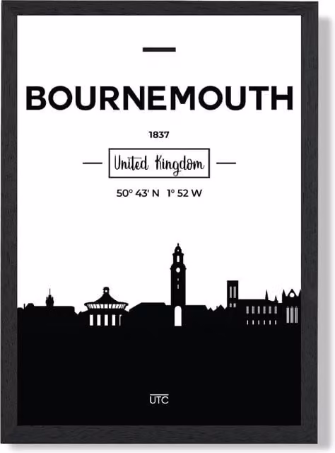 ARTZE Bournemouth Black and White City Skyline Framed Photograph Print – 1