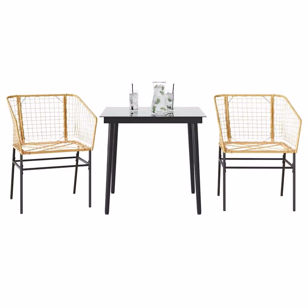 Berkfield Home Beautiful 3 Piece Brown Poly Rattan and Glass Garden Dining Set – 2