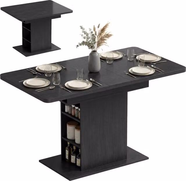 HOMCOM Extendable Black Dining Table for 4-6 People with Integrated Shelves