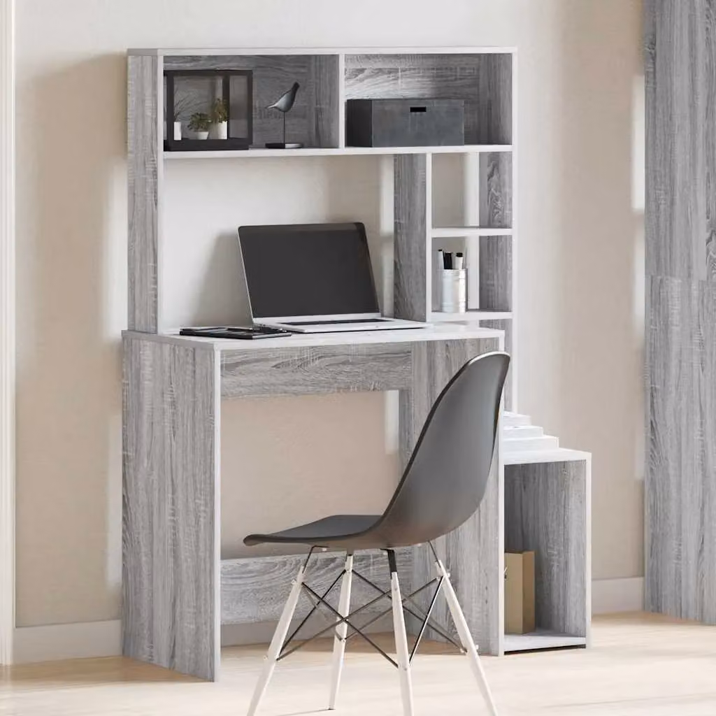 Berkfield Home Computer Desk with Shelves in Grey Sonoma, W/D/H: 100 x 45 x 140 cm – 2