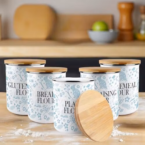 Purely Home Blue and White Floral Enamel Plain Flour Canister with Bamboo Lid, 2.7 l – 2