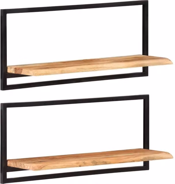 Berkfield Home Set of 2 Industrial Wall Mounted Shelves in Brown Acacia Wood and Steel, W: 80 cm, D: 25 cm, H: 35 cm