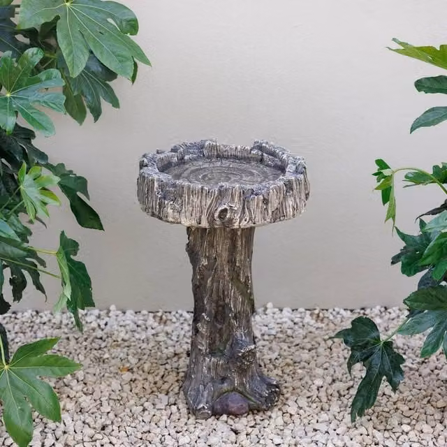 Primrose Teviot Tree Stump Design Decorative Garden Birdbath and Bird Table in Grey, Height: 57.5 cm