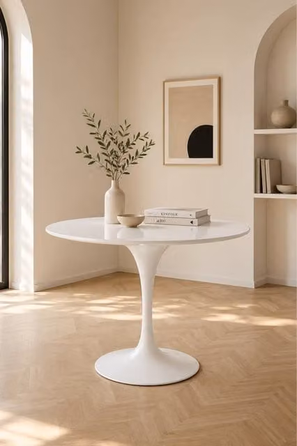 Fusion Living White Tulip Medium Circular Glossy Wood Dining Table – 1