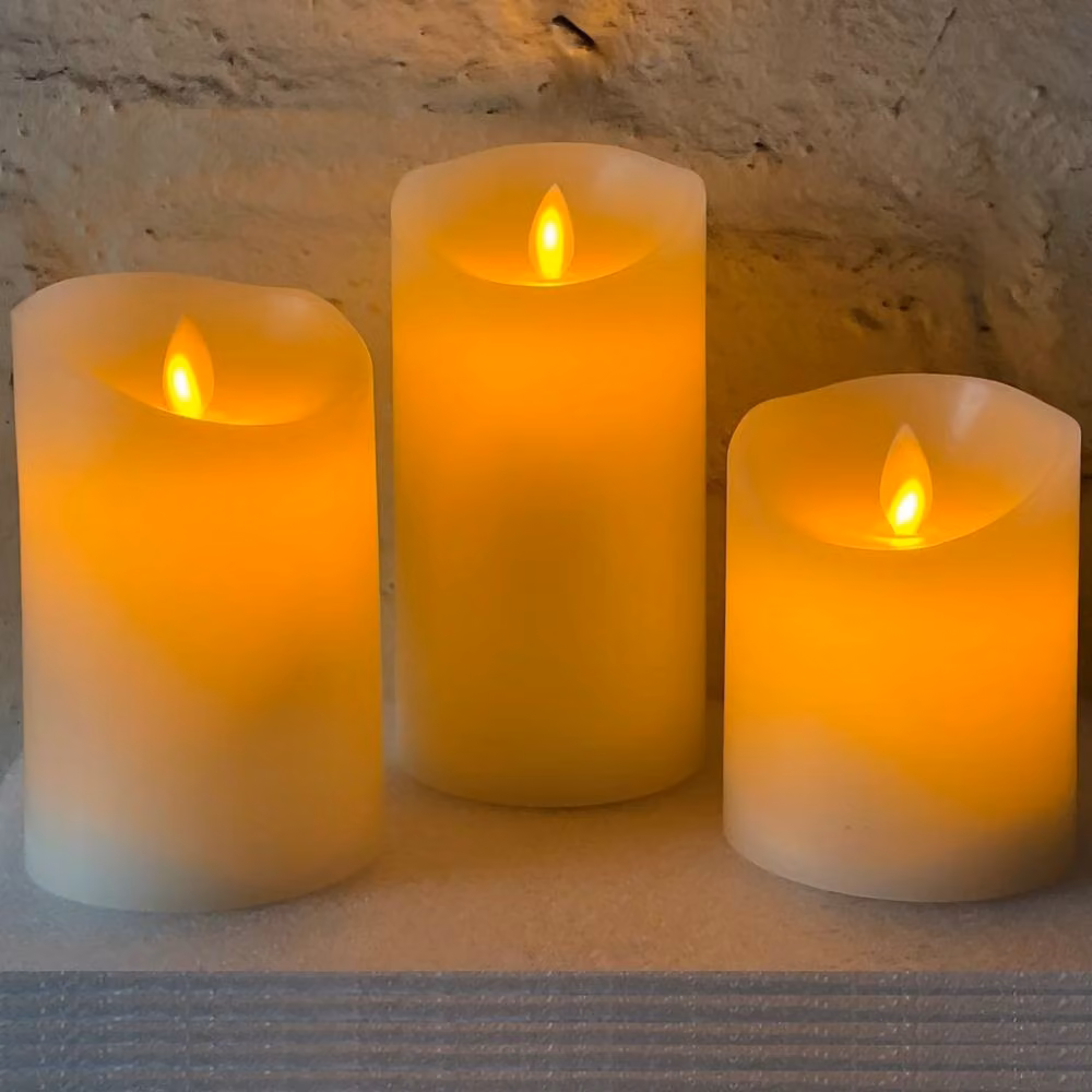 VOGREX Set of 3 White Real Wax Pillar LED Candles with Remote Control and Flickering Effect – 3