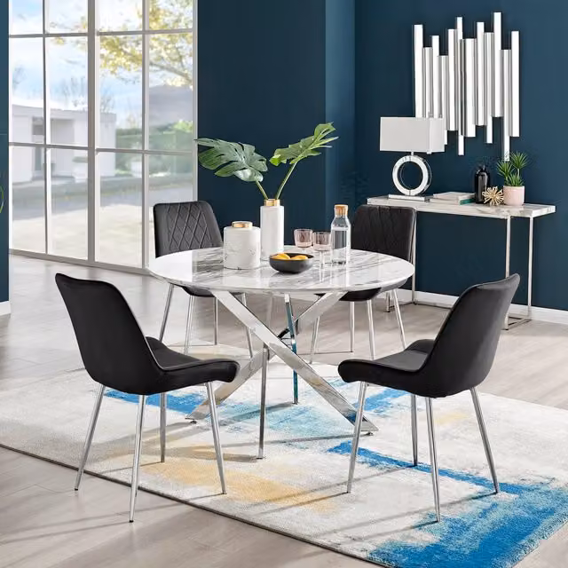 FurnitureboxUK Novara White Marble Effect Round Dining Table and 4 Pesaro Silver Chairs in Black