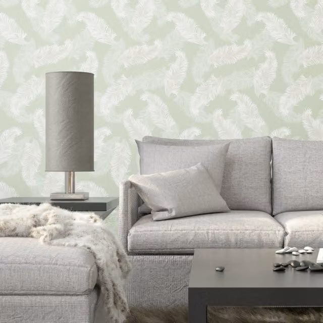 Hoopla Walls Feathers Wallpaper in Sage Green