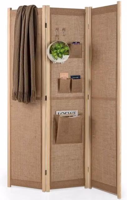 Havendro 3-Panel Folding Privacy Screen with Hooks in Natural Beige/Sand