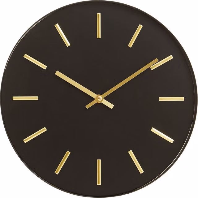 Orsina Modern Round Analog Wall Clock in Black and Gold Metal, Diameter: 30 cm