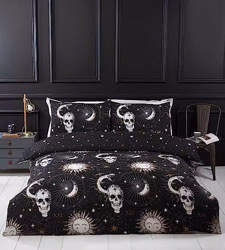 Rapport Home Reversible Stars Tarot Duvet Cover Set with Pillowcases, Black and Multicolour Microfibre Polyester Bedding, Duvet Cover: 180 x 200 cm, Pillowcase: 50 x 75 cm