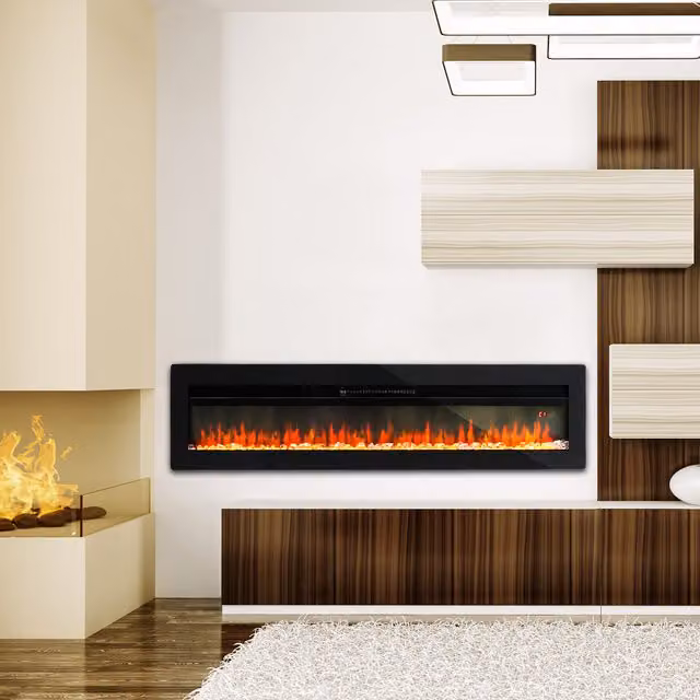 Living Star Black Rectangular Smart Electric Fireplace with Glass Finish, Width: 152.4 cm