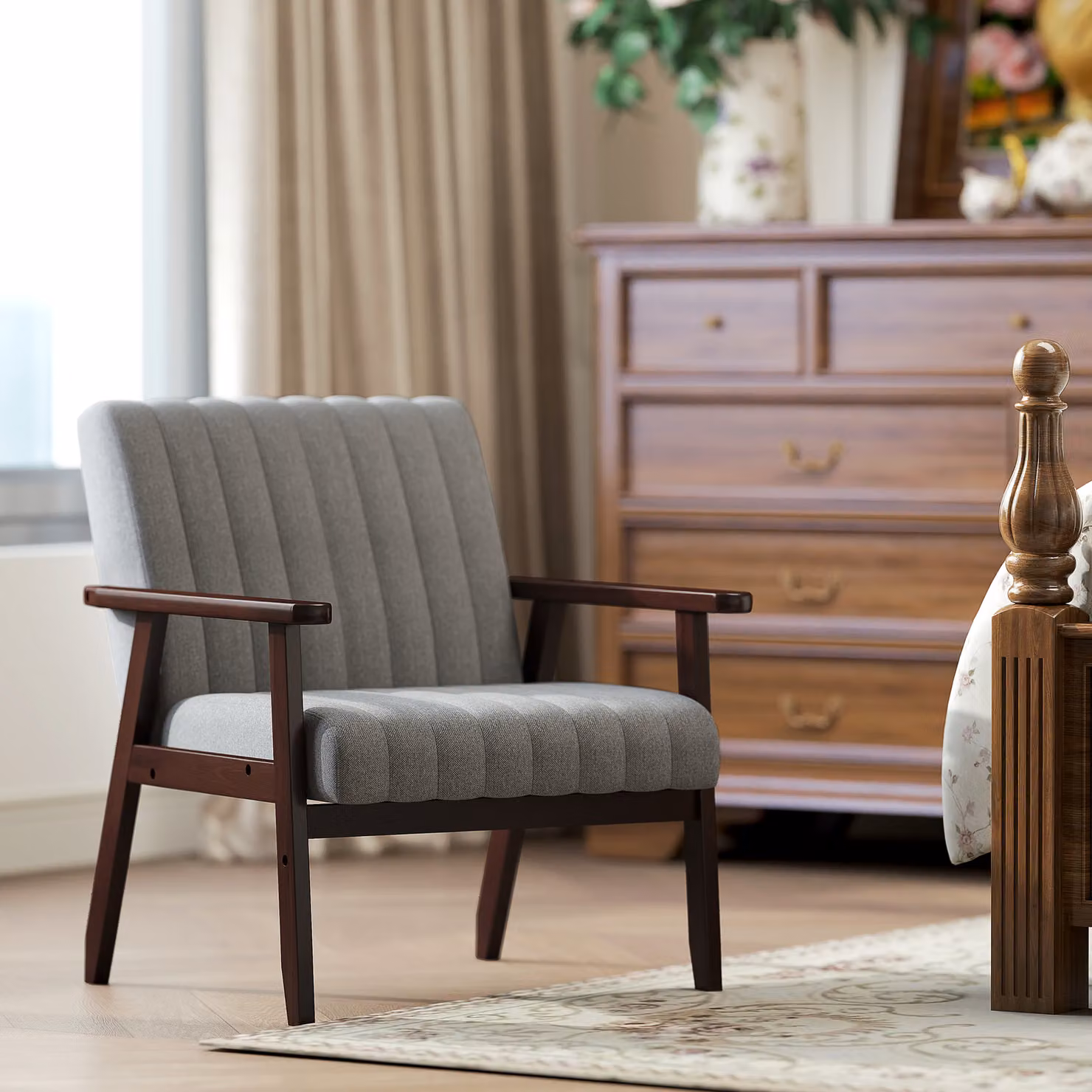 HOMCOM Modern Grey Fabric Accent Armchair with Tufted Pattern and Rubberwood Legs – 2