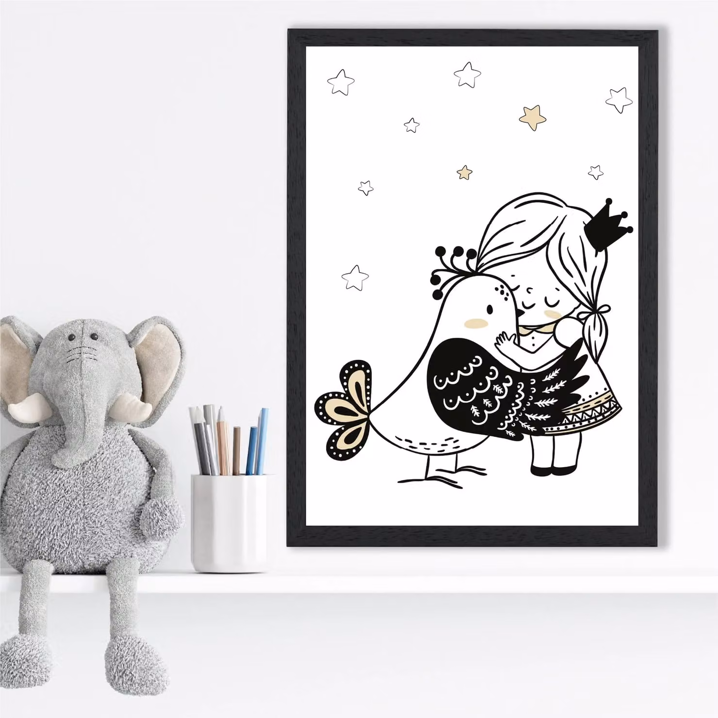 ARTZE Scandi Princess Little Hugging Bird Framed Paper Poster in Black – 2