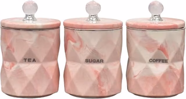 DEENZ Set of 3 Pink Geometric Ceramic Coffee Tea and Sugar Canisters