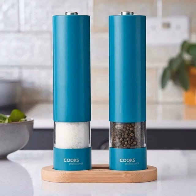 Cooks Professional Electric Automatic Salt and Pepper Mill Set with Bamboo Base and Glass, Petrol
