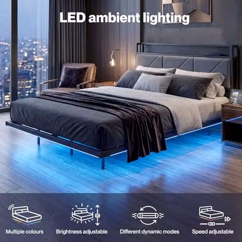 Levede Upholstered Floating Double Bed Frame with LED Under-Bed Lighting, USB Charging Ports and Side Compartments, Grey, W/D/H: 140 x 190 cm – 3