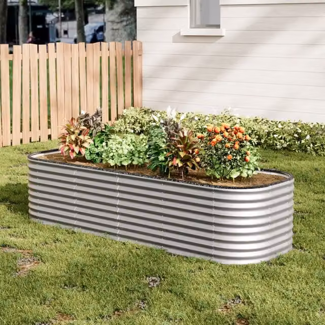 Lifeideas Silver Oval Metal Raised Flower Bed W/D/H: 240 x 80 x 56 cm