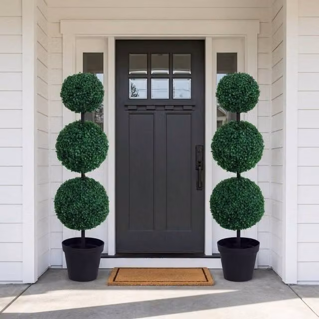 STILVORA Set of 2 Green Artificial Tabletop Plants in Round Concrete Pots