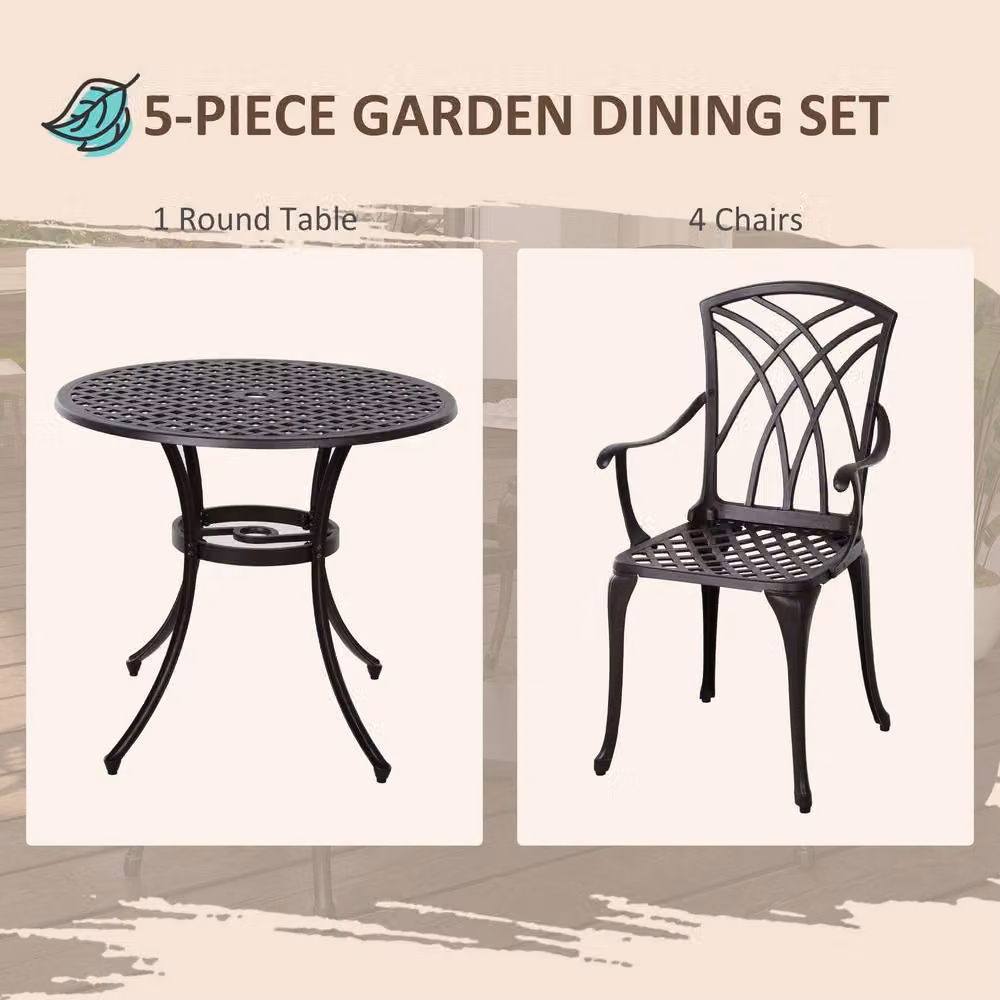STILVORA Garden Dining Set for 4 with Round Powder Coated Aluminium Table and Chairs in Brown and Black – 2