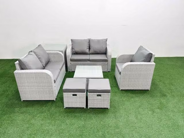 Fimous Grey Poly Rattan Garden Furniture Set with Reclining Chair, 2-Seater Sofa, Coffee Table and 2 Side Stools