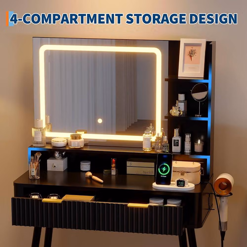 London Boutique Modern Makeup Vanity Desk with LED Mirror and Power Outlet in Black and Gold – 2