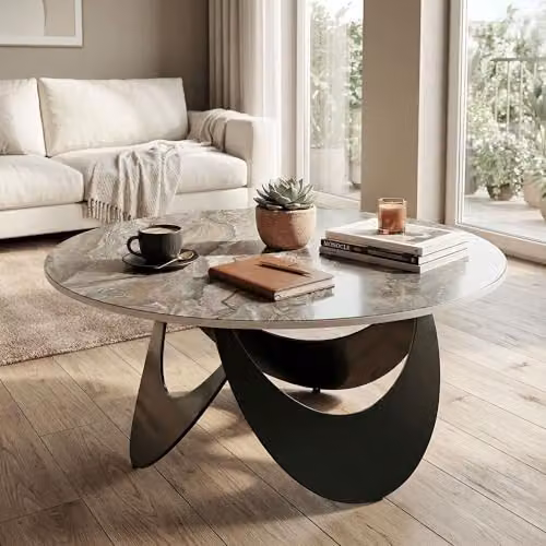 HOMCOM Modern Round Coffee Table with Sintered Stone Top in Brown and Black, W/D/H: 80 x 80 x 40 cm – 8
