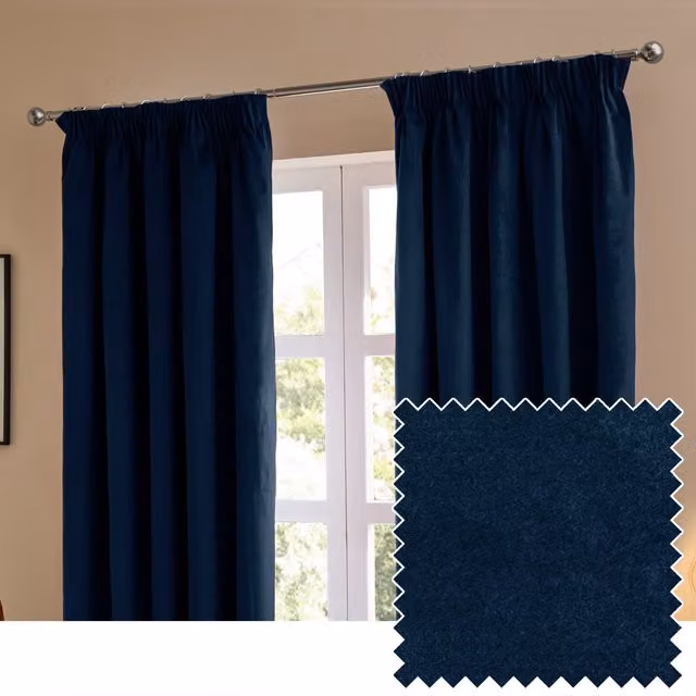 Furn Blue Velvet Pencil Pleat Blackout Curtains, Pair, Width: 168 cm, Drop: 137 cm – 1