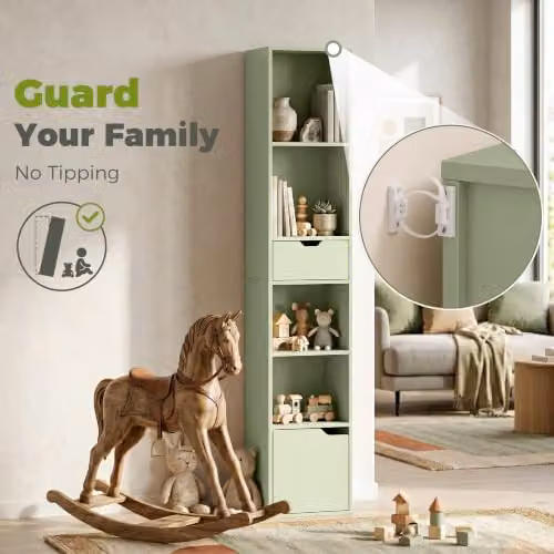 HOMCOM 6-Tier Slim Green Bookshelf with Drawer, W/D/H: 30 x 24 x 158 cm – 4